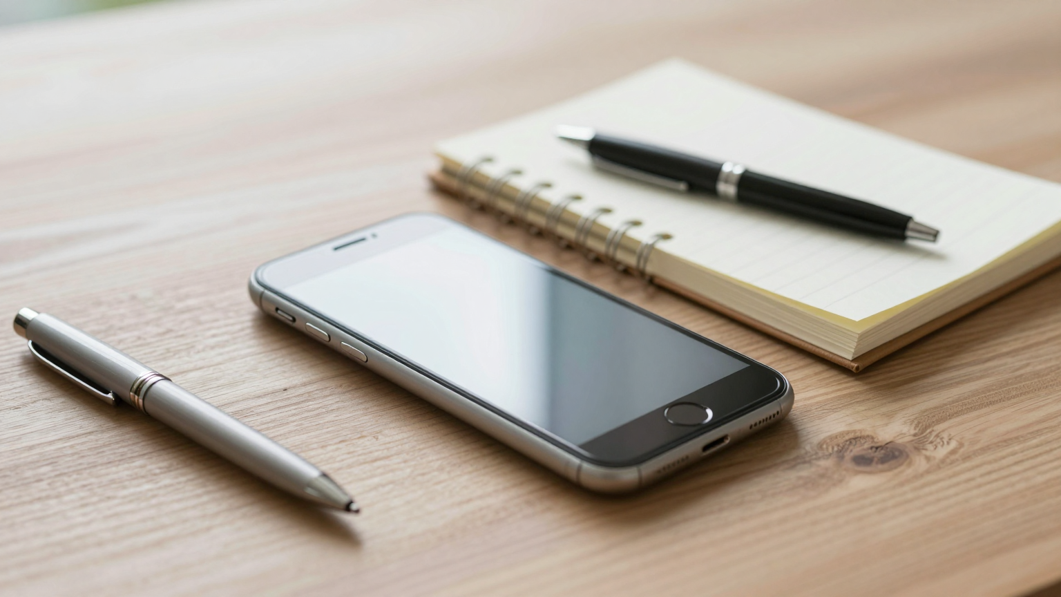 ノートとペンを添えてスマートフォンで宿の予約内容を確認するイメージ