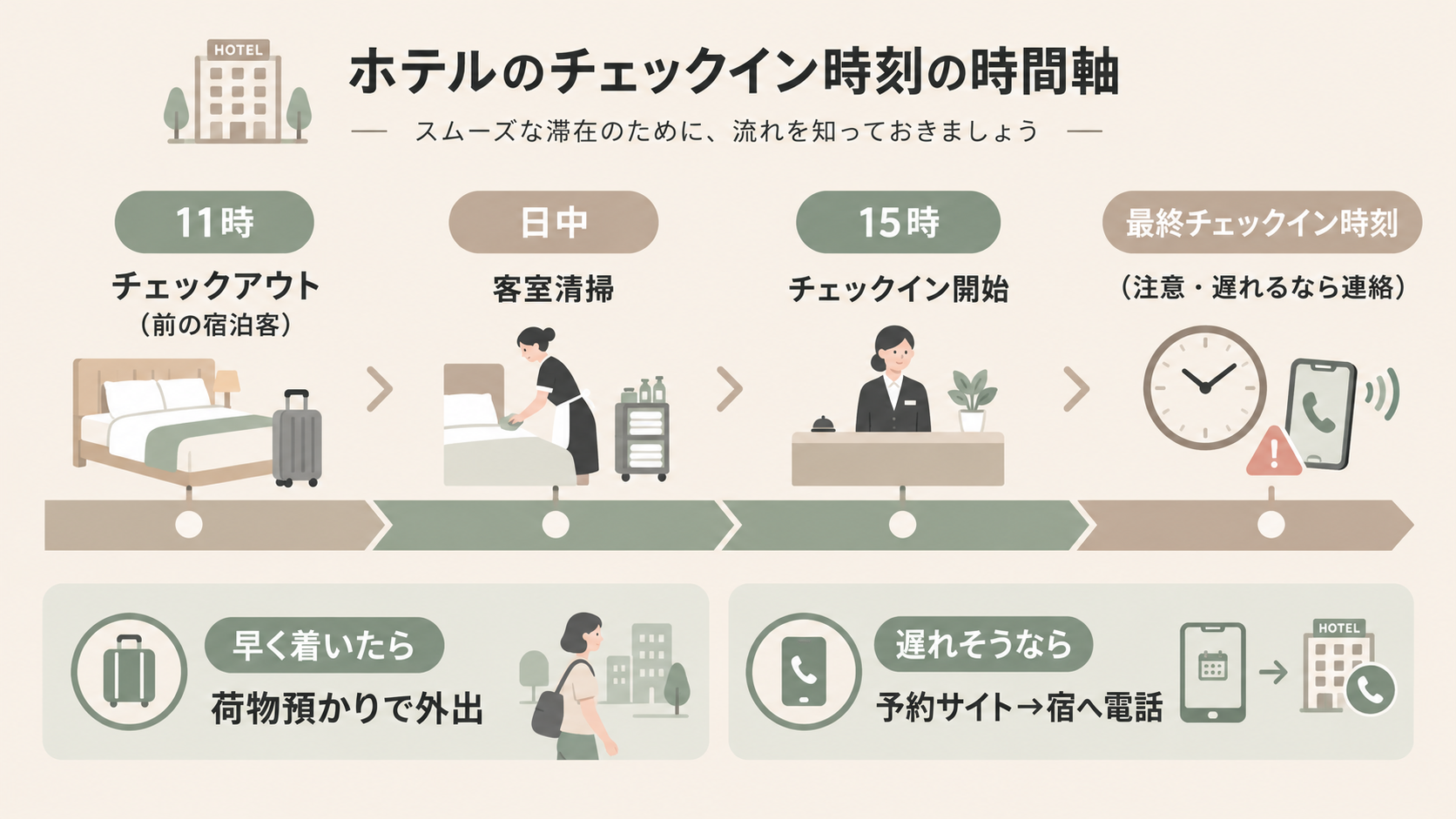 ホテルのチェックイン時刻の時間軸図解。11時に前の宿泊客がチェックアウトし、日中は客室清掃、15時にチェックイン開始、遅れるなら連絡が必要な最終チェックイン時刻が来る。早く着いたら荷物預かりで外出、遅れそうなら予約サイトから宿へ電話で対処