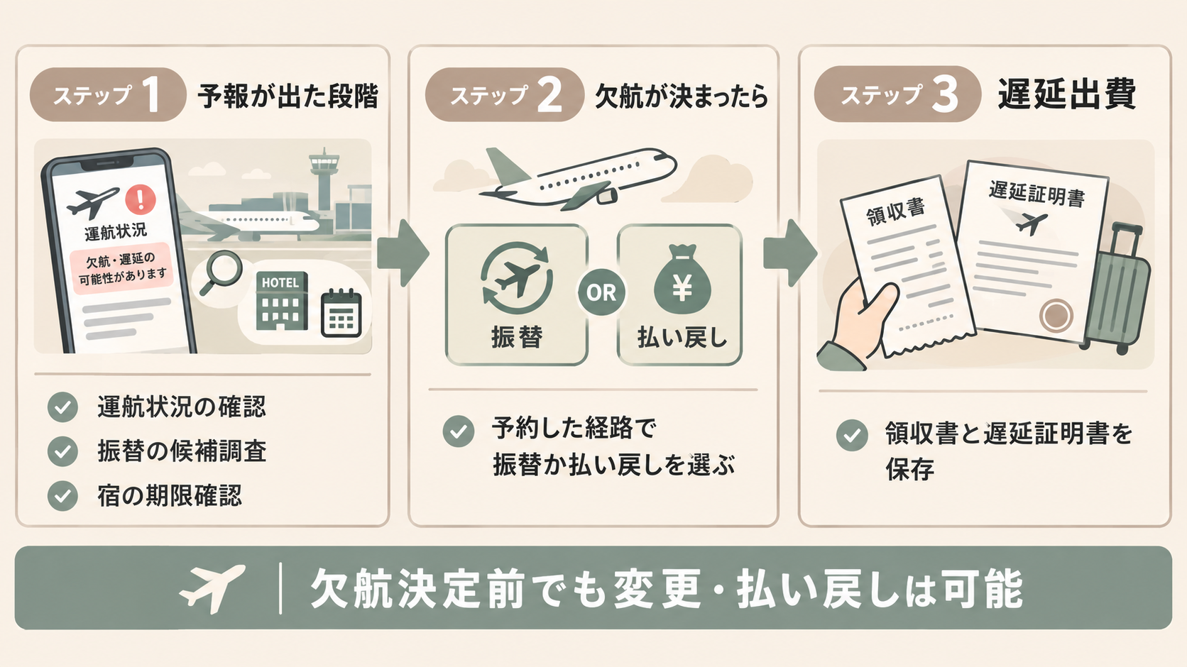 飛行機の欠航・遅延時の行動フロー図解。ステップ1予報が出た段階では運航状況の確認・振替の候補調査・宿の期限確認。ステップ2欠航が決まったら予約した経路で振替か払い戻しを選ぶ。ステップ3遅延出費は領収書と遅延証明書を保存。欠航決定前でも変更・払い戻しは可能