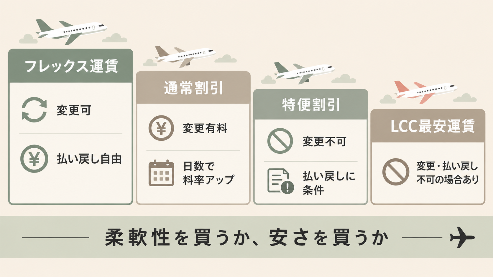 航空券の運賃タイプ別の自由度を示す図解。フレックス運賃は変更・払い戻しが自由、通常割引は変更有料で日数により料率が上がる、特便割引は変更不可で払い戻しに条件、LCC最安運賃は変更・払い戻し不可の場合がある。柔軟性を買うか安さを買うかの判断
