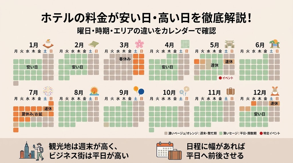 ホテルの料金が安い日と高い日のカレンダー風図解。高い日は3月・8月・連休・イベント日、安い日は1月・4月の平日。観光地は週末が高くビジネス街は平日が高く、日程に幅があれば平日へ前後させるのが基本