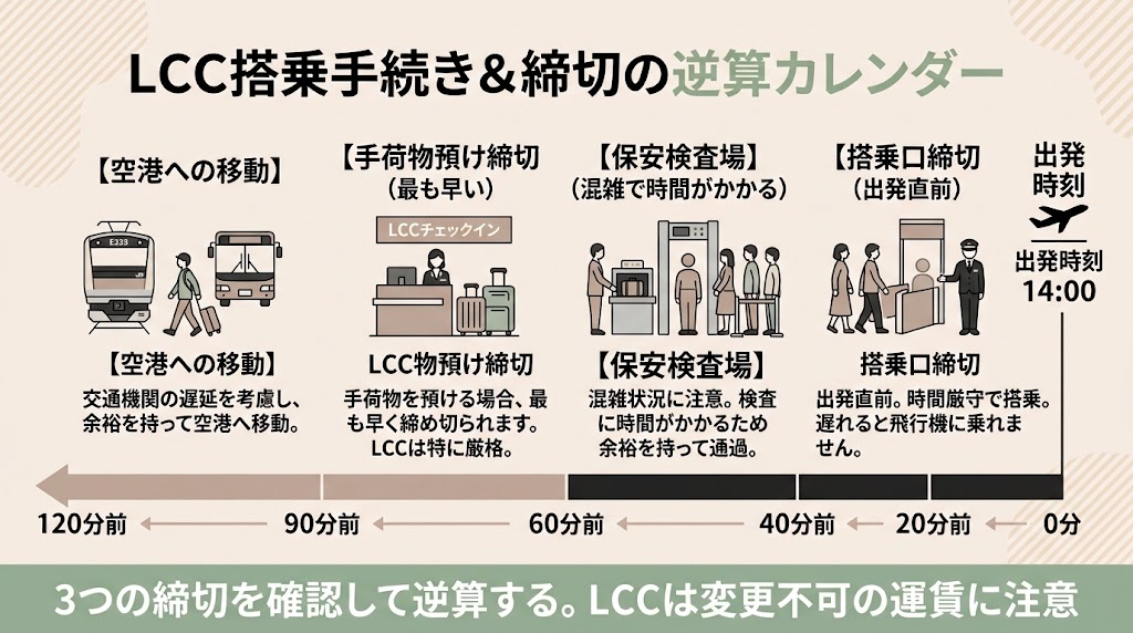 LCCの搭乗手続きと締切の逆算図解。出発時刻から遡って搭乗口締切、保安検査（混雑で時間がかかる）、手荷物預け締切（最も早い）、空港への移動を順に足す。3つの締切を確認して逆算し、LCCは変更不可の運賃に注意