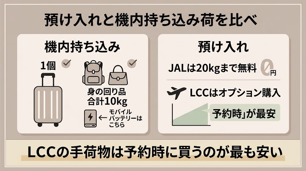 機内持ち込みと預け入れの比較図解。機内持ち込みは1個と身の回り品の合計10kgでモバイルバッテリーはこちら、預け入れはJALが20kgまで無料でLCCはオプション購入。LCCの手荷物は予約時に買うのが最も安い