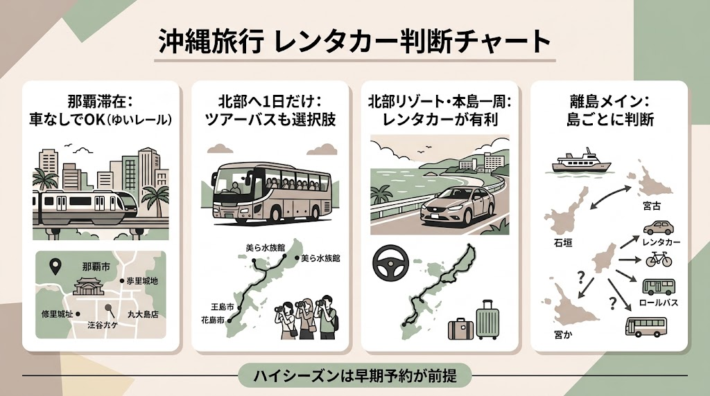 沖縄旅行のレンタカー判断チャートの図解。那覇滞在は車なしでOK（ゆいレール）、北部へ1日だけはツアーバスも選択肢、北部リゾートと本島一周はレンタカーが有利、離島メインは島ごとに判断。ハイシーズンは早期予約が前提