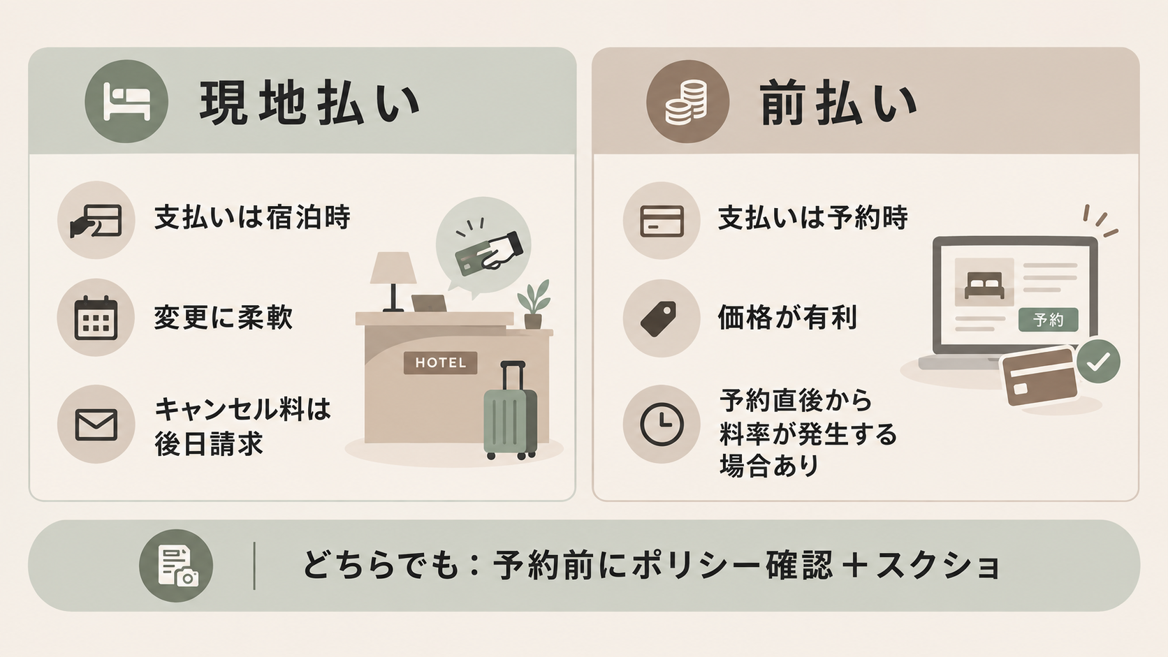 現地払いと前払いの比較図解。現地払いは支払いが宿泊時・変更に柔軟・キャンセル料は後日請求、前払いは支払いが予約時・価格が有利・予約直後から料率が発生する場合がある。どちらでも予約前のポリシー確認とスクショが重要