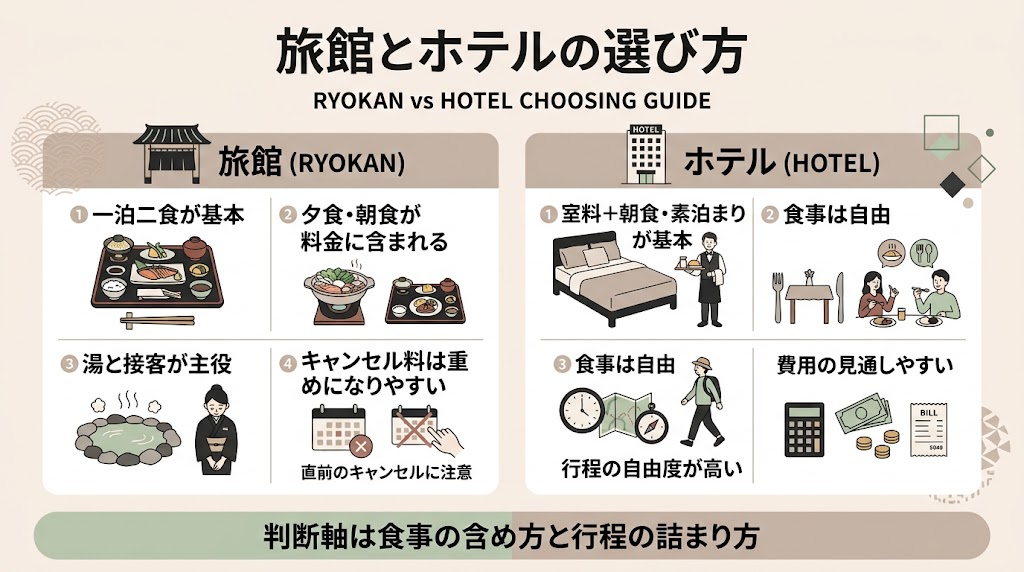 旅館とホテルの比較図解。旅館は一泊二食が基本で夕食・朝食が料金に含まれ湯と接客が主役、キャンセル料は重めになりやすい。ホテルは室料＋朝食・素泊まりが基本で食事は自由、行程の自由度と費用の見通しが高い。判断軸は食事の含め方と行程の詰まり方