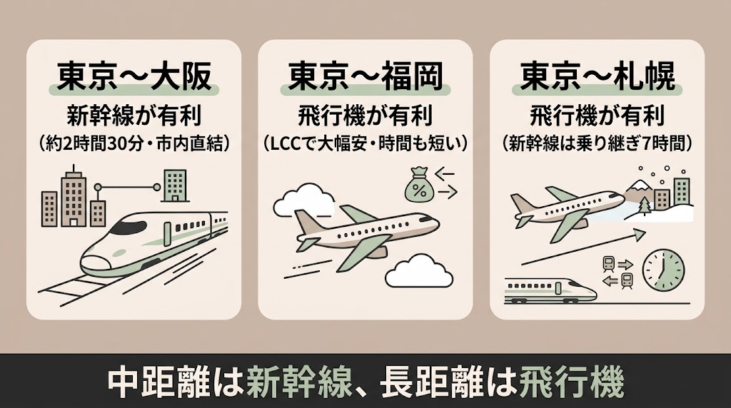 新幹線と飛行機の使い分けの図解。東京〜大阪は新幹線が有利（約2時間30分・市内直結）、東京〜福岡と東京〜札幌は飛行機が有利（LCCで大幅安・時間も短い）。中距離は新幹線、長距離は飛行機
